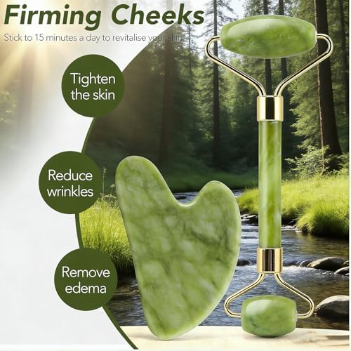 2pcs Gua Sha and Face Roller Set: Anti-Breakage Jade Roller for Long-Lasting Use, Jawline Sculpting and Puffiness Reducing, Gua Sha Facial Tools for Self Care Gift for Men Women - Green