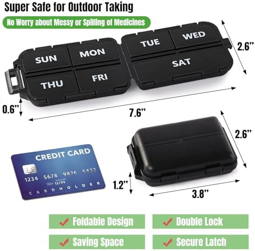 7 Day Compact Pill Organizer, Foldable Portable Travel Pill Box with Double Protection, Daily Small Pill Case Dispenser for Medication, Vitamins, Supplements (Black)