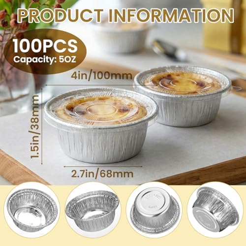 Domensi 100 Pcs 4'' Aluminum Pie Pans with Lids Bulks 5 oz Mini Disposable Pie Tins Round Foil Cup Ramekin Food Containers for Oven Cooking Takeout Storage Meal Prep Creme Brulee Cakes Sauces