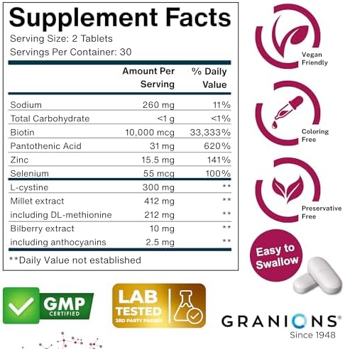 Granions Biotin 10,000 mcg Hair, Skin and Nails Pills - Extra Strength Biotin Complex with Zinc, Selenium, Millet, Bilberry, Aminos - Hair Growth Vitamins Supplement for Women & Men - 60 Tablets