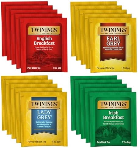 Twinings Black Tea Variety 2-Pack with Earl Grey Tea, English Breakfast Tea, Irish Breakfast Tea, and Lady Grey Tea Bags, Individually Wrapped, 20 Count Ea