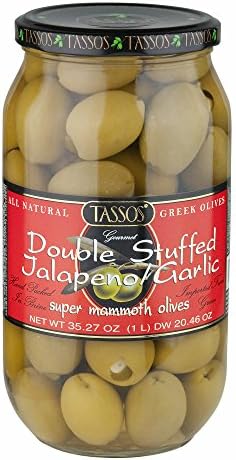 Tassos Double Stuffed Jalapeno and Garlic Olives, 1 Liter (pack of 2)