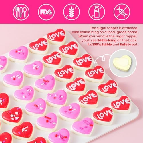 Edible Heart Cake Decorations, Valentines Cupcake Toppers, Royal Icing Decorations, Red Pink Heart Shaped Sprinkes Edible for Cookies Chocolates Baking Valentines Toppers, 36 pcs
