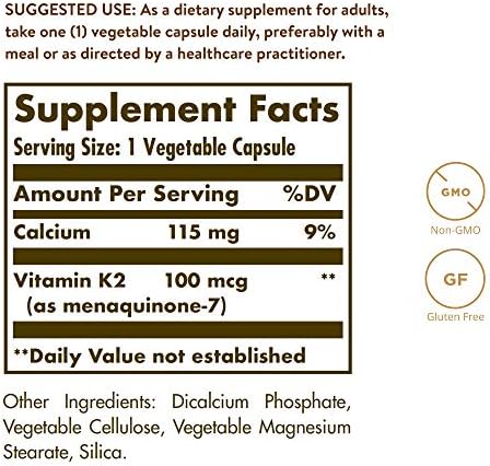 Solgar Naturally Sourced Vitamin K2 (MK-7) 100 mcg - 50 Vegetable Capsules - Supports Bone Health - Whole Food Source from Natto Extract - Non-GMO, Gluten Free - 50 Total Servings
