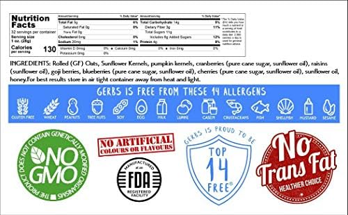 Gerbs Super 5 Fruit Granola, 2 LBS - Top 14 Food Allergy Free & Non GMO - Unsulfured & Keto Safe - Cranberry, Blueberry, Goji Berry, Cherry, Raisin