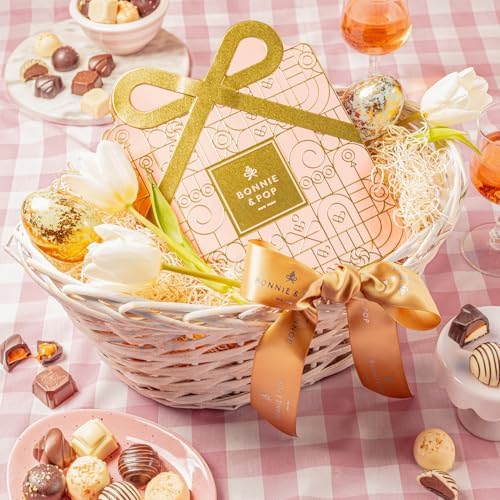 Chocolate Gift Basket, Candy Food Snack Gifts Bow Tin Box, Present for Her, Women, Easter, Wife, Girlfriend, Assorted Gourmet Belgian Truffles- Pink- Bonnie & Pop