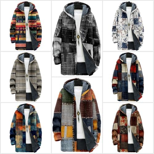 MARSVOVO Retro Patchwork Long Hooded Cardigan for Men Casual Stylish Fleece Lined Zip Up Hoodies Spring Fall Warm Jacket