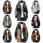 MARSVOVO Retro Patchwork Long Hooded Cardigan for Men Casual Stylish Fleece Lined Zip Up Hoodies Spring Fall Warm Jacket