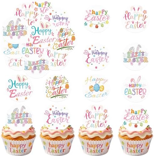 48PCS Edible Happy Easter Cupcake Toppers Wafer Paper Spring Easter Cake Toppers Edible Bunny Cupcake Picks for Easter Theme Birthday Baby Shower Party Cake Supplies
