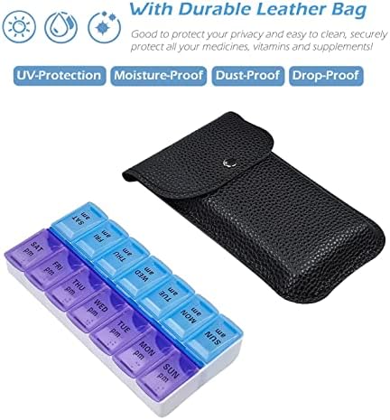 VOFOON Travel Pill Organizer 2 Times a Day, PU Leather Portable Pill Case for Women/Men, 7 Day AM PM Pill Box with Travel Pouch Medicine Organizer for Vitamins Medicine Fish Oils Supplements (Small)