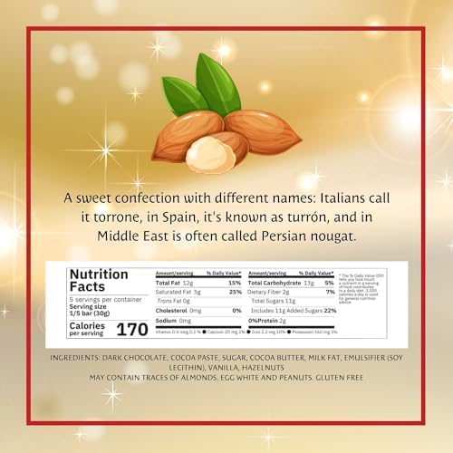 Sperlari Dark Chocolate & Hazelnuts - Soft Nougat and Nuts Chocolate Candy Bar - Holiday Sweet Treat Traditional Italian Candy - Chocolates For Gifting - 5.29oz (150g) 1 Pack