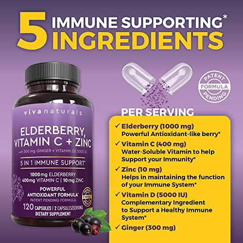 Viva Naturals Elderberry with Vitamin C and Zinc for Adults - 5 in 1 Sambucus Black Elderberry Capsules with Vitamin D3 5000 IU Immunity Supplement, Sambucus Elderberry Immune Support Supplement