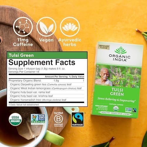 ORGANIC INDIA Tulsi Green Tea Bags - Holy Basil Tea, African Basil, Stress Relieving, Immune Support, USDA Certified Organic, Premium Darjeeling Green Tea, Caffeinated - 18 Infusion Bags, 3 Pack