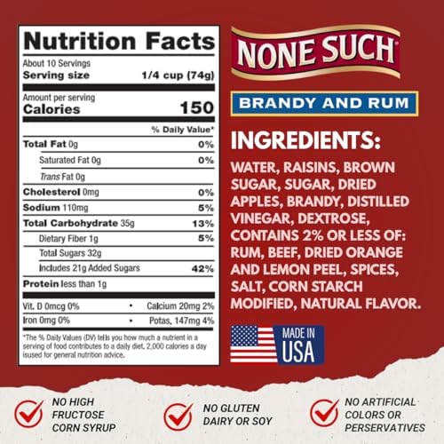 None Such Mincemeat Brandy & Rum – Classic Pie Filling with Apples, Raisins & Spices, 27 oz Glass Jar (Pack of 3), Holiday Baking Dessert Ingredient, Gluten-Free