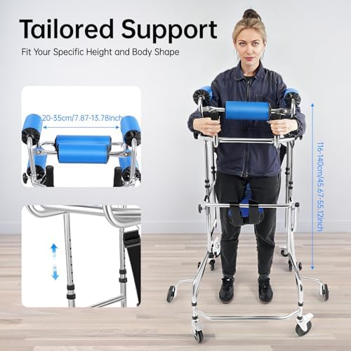 Adult Standing Walker for Seniors, Hemiplegia Rehabilitation Standing Frame, Lower Limb Training Walking Aid with Seat and Wheels, Suitable for People 58-71 in, withstands 220 lbs
