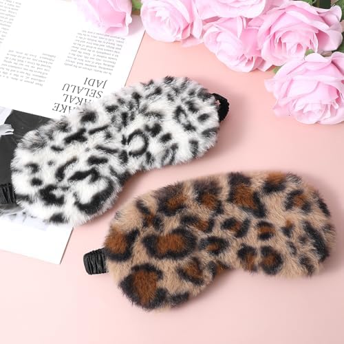 2 Pcs Plush Leopard Eye Mask Soft Sleeping Blindfold Eye Cover Comfortable Furry Faux Fur Sleeping Mask Satin Nap Night Eyeshade Cover for Women Men Gift (Brown, White)