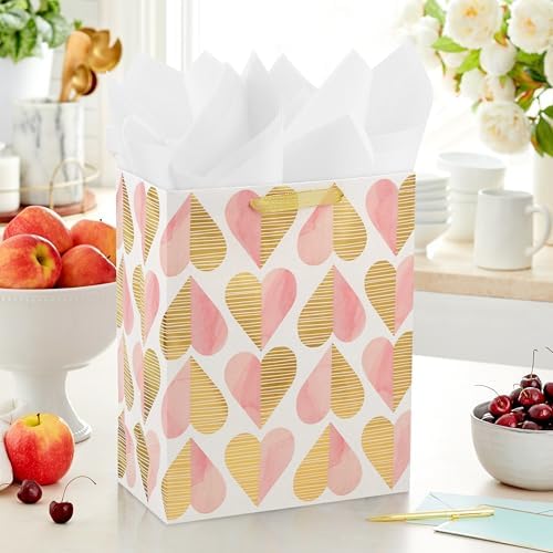 Hallmark 13" Large Gift Bag with Tissue Paper (Pink and Gold Hearts) for Valentine's Day, Bridal Showers, Weddings, Engagements