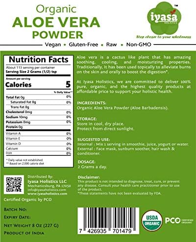 Iyasa Holistics Organic Aloe Vera Powder 8 oz – Aloe Barbadensis Whole Leaf – USDA Certified Finely Ground, Easy Mix Formula – DIY Natural Skincare – Ideal for Aloe Vera for Face & Hair Care