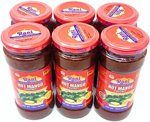 Rani Hot Mango Chutney (Spicy Indian Preserve) 18oz (1.1lbs) 500g Glass Jar, Ready to eat, Vegan, Pack of 5+1 FREE ~ Gluten Free, All Natural, NON-GMO