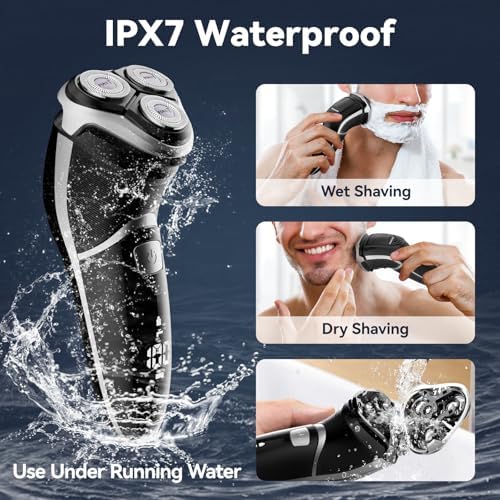 MAX-T Men's Electric Shaver - Corded and Cordless Rechargeable 3D Rotary Shaver Razor for Men with Pop-up Sideburn Trimmer Wet and Dry Painless 100-240V Black (Metal Black)