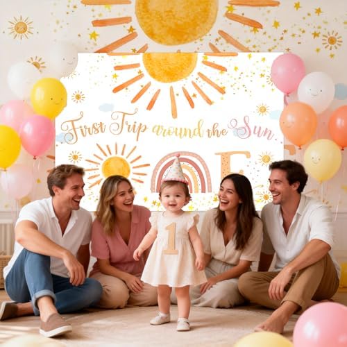 First Trip Around The Sun Party Decorations，Boho Sunshine 1st Birthday Party Banner, Sun Theme 1st Birthday Party Photo Background Decoration Supplies for Boys Girls