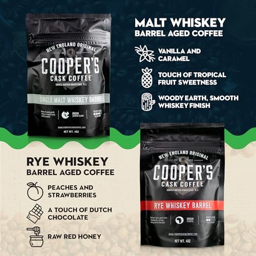 Bourbon & Whiskey Barrel Aged Coffee Box Set - 4-Bag Roasted Coffee Sampler - Bourbon Colombian, Malt Whiskey Sumatra, Rye Whiskey Ethiopian, Rum Barrel Rwanda, (Ground, 4 Ounce (Pack of 4))