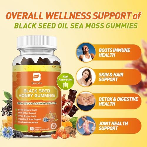 Black Seed Oil Sea Moss Gummies with Ashwagandha, Burdock Root, Linden Honey, Elderberry, Turmeric, Vitamin C, D3 & Zinc - Supports Immunity, Joints, Digestion, Hair & Skin, Vegan Gummies 60 Counts