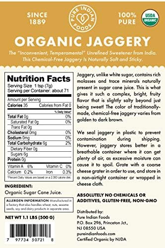 Pure Indian Foods Organic Jaggery Sugar - Known as Gur, Gud, or Panela - Raw Gluten-Free Wholesome Brown Sugar from Sugar Cane - 2-Pack of 1.1 lb (1kg total)