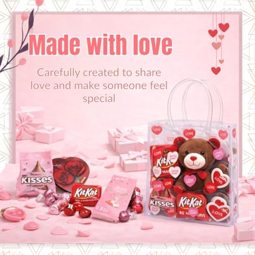 Valentine’s Day Package with Teddy Bear & Chocolate – Romantic Candy Gift Set for Her or Him, Valentine Day Gift Basket with Sweets, V-Day Heart Bag & Greeting Card Included