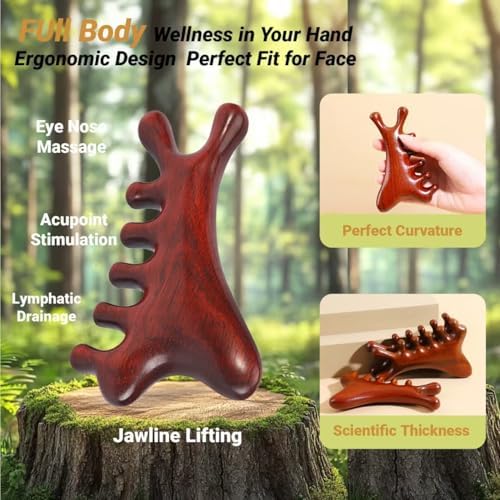 4-in-1 Wooden Gua Sha Massage Tool,2Pcs Natural Brown Sandalwood, Face & Body Lymphatic Drainage, Jaw Lifting, Head Massage Comb for Head,Face,Eye,Neck & Body Meridian