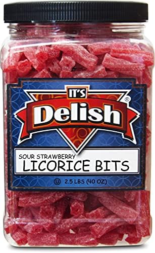 Sweet & Sour Strawberry Licorice Bits by Its Delish, 2.5 LBS (40 Oz) Jumbo Container Jar – Chewy Red Strawberry Lightly Sour Candy Twists – Great Gifts Party Sweets – Made in USA, Vegan, Kosher