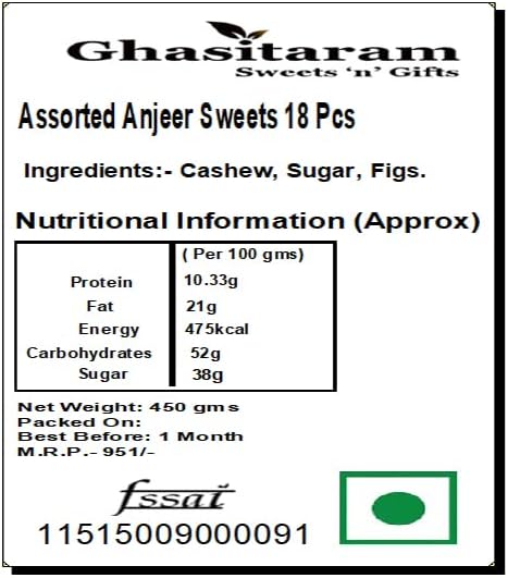 Ghasitaram Gifts Diwali Gifts Diwali Sweet - Assorted Anjeer Sweets 18 Pcs