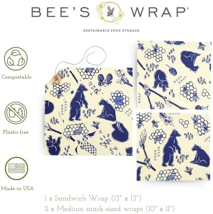 Bee's Wrap Beeswax Wraps for Food - 3 Pack of Assorted Beeswax Wraps - 2 Medium & Sandwich Wrap - Made in USA Reusable Natural Food Wrap - Bees & Bears