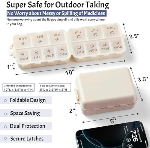 NEW Foldable & Double Protection Portable Weekly Pill Organizer 2 Times A Day with Etched Labels, AM PM 7 Day Week Medicine Box, Daily Travel Pill Case Holder Dispenser for Vitamin, Supplement - Khaki