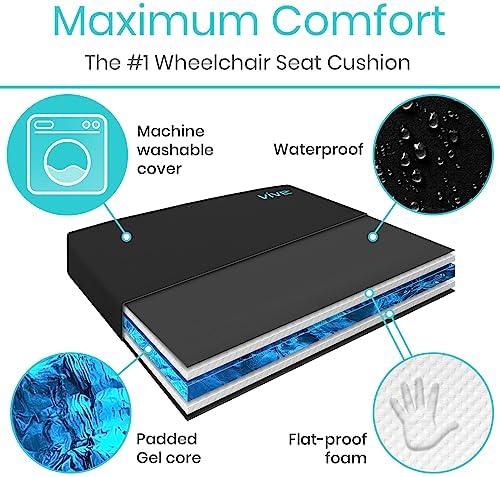 Vive Wheelchair Cushion - Gel Seat Pad for Coccyx, Orthopedic Back Support, Sciatica & Tailbone Pain Relief - Waterproof Cover + 4 Layer Foam Support & Comfort for Pressure Sore & Ulcers