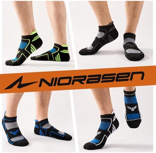 Niorasen Mens Running Socks 6 Pairs with Arch Compression Support, Cushioned Breathable Ankle Socks, Wicking Athletic Sock
