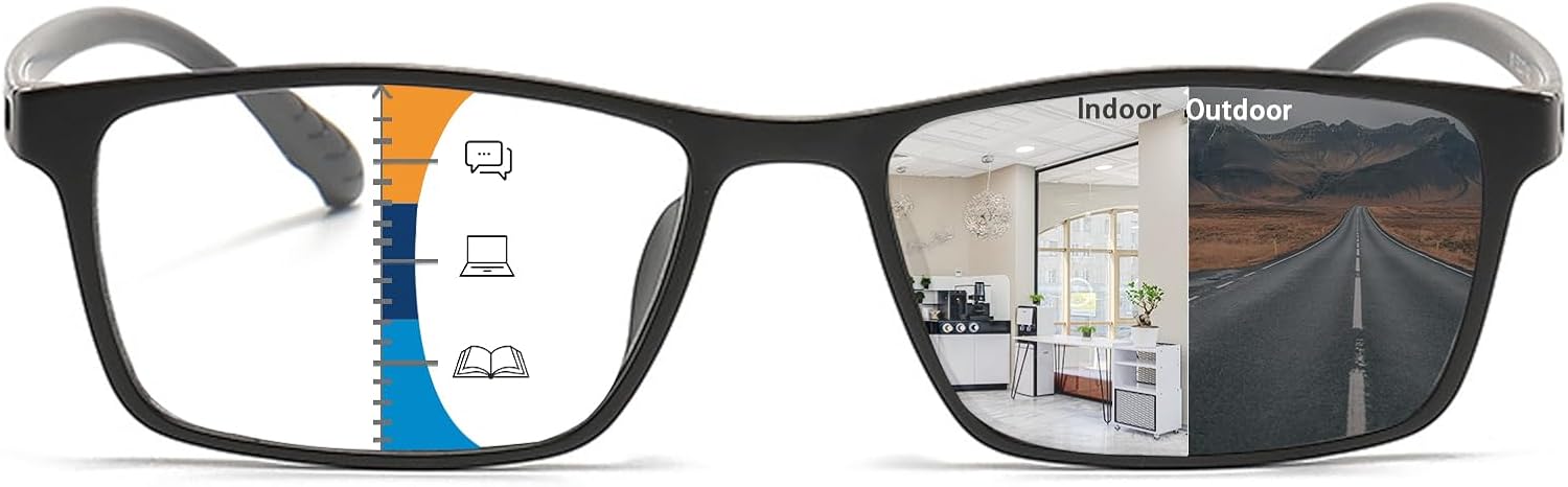 K.LAVER Premium Progressive Multifocal Reading Glasses Photochromic Lens TR90 Black Rectangle Seamless Transition Sunglasses