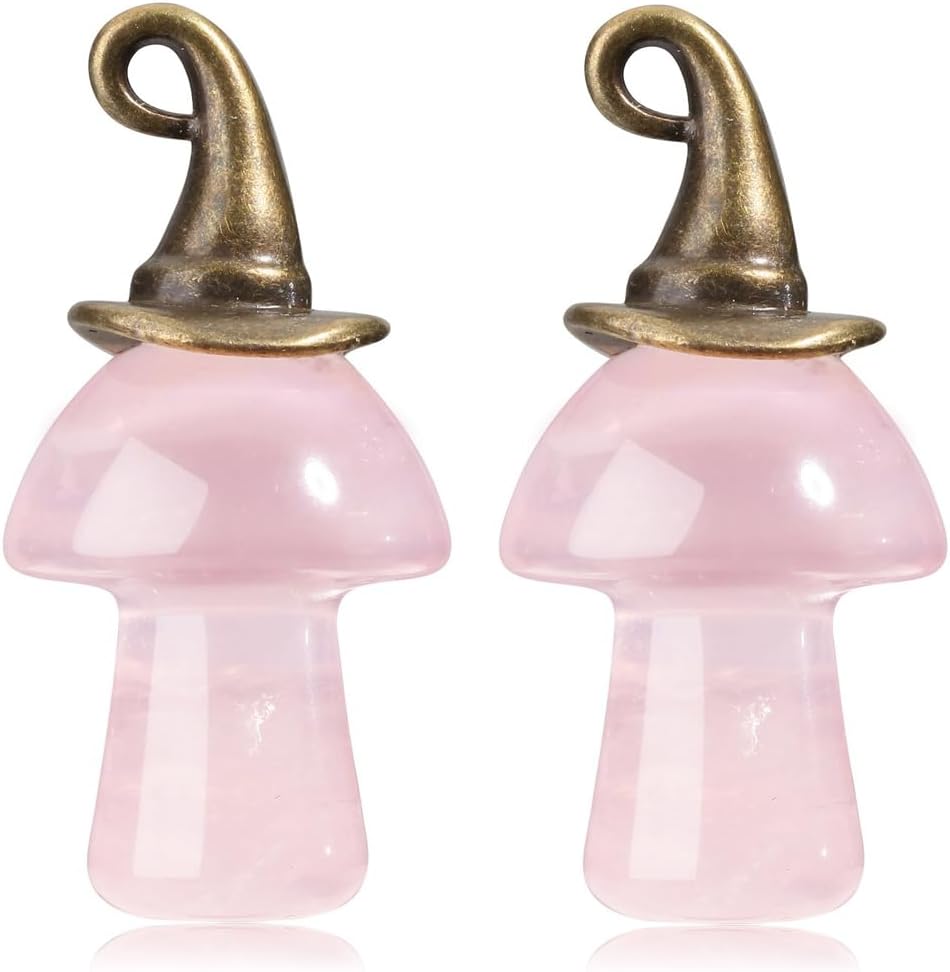 Jovivi 2Pcs Rose Quartz Crystal Mushroom Figurines Halloween Decor, Hand Carved Mini Mushroom Gemstones Ornament Statue for Reiki Witch Craft Meditation Home Gifts