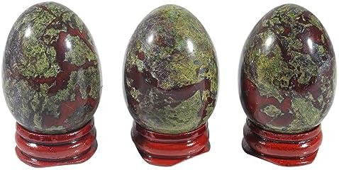 2" Natural Dragon Bloodstone Egg with Wood Stand for Home Decoration, Polished Crystal Pocket Palm Sphere Fengshui Figurines Healing Reiki