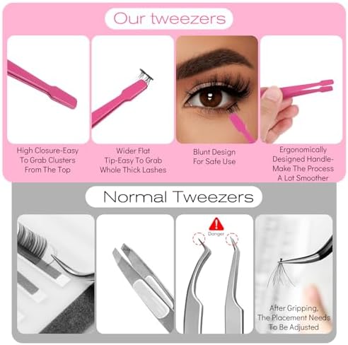 Lash Tweezers for Eyelash Clusters Stainless Steel Applicator Flat-Tip Professional Applicator for Individual Lashes DIY Eyelash Extensions Ergonomic Handle Safe Blunt Design Easy for Beginners