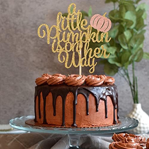 A Little Pumpkin is on Her Way Cake Topper, Baby Girl Fall Baby Shower 1st Birthday Party Decorations, Thanksgiving Fall Pumpkin Theme Party Cake Decorations Supplies Gold Glitter