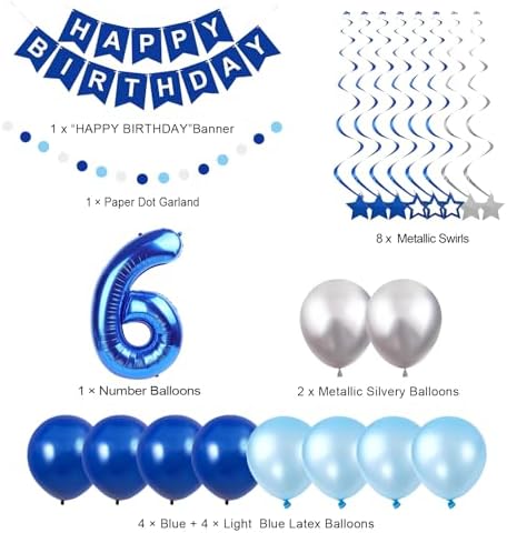BRT Bearingshui Children's 6th Birthday Decorations Supplies for Kids Boys, Happy Birthday Banner, Blue Number 6 Birthday Balloon