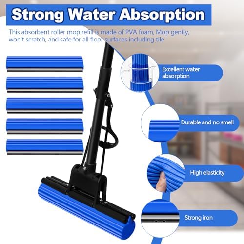 Willinglong 10 Pcs Roller Mop Refill Bulk Absorbent PVA Sponge Mop Head Replacement for Home Bathroom Business Garage Kitchen Cleaning (Blue)