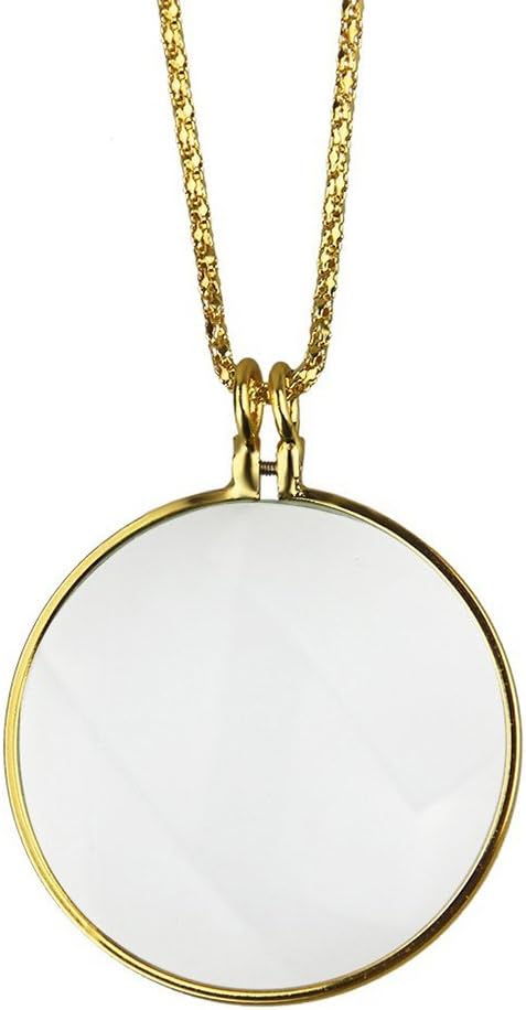 Mini Portable 5X Magnifer 42mm/1.7" with Alloy Chain Necklace Hanging Magnifying Glass for Reading Newspaper,Magazine,Map, Science Class,Hobby, Jewelry,Inspects,Rocks,Low Vision (Gold)