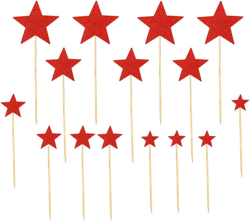 35 PCS Red Stars Cupcake Toppers Glitter Assembled Twinkle Star Cupcake Picks Bridal Shower Birthday Party Decorations for Wedding Engagement Birthday Party Cake Decorations Supplies Mixed Size Star