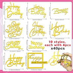 40 PCS Gold Happy Birthday Cake Toppers Mirror Acrylic Toppers with 10 Styles or Birthday Party Cake Desserts Pastries