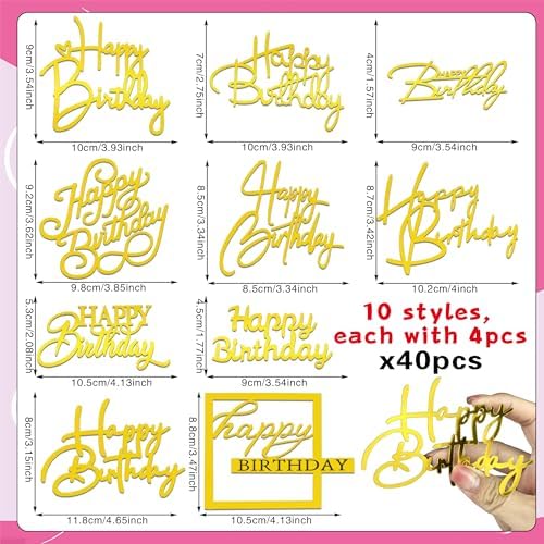 40 PCS Gold Happy Birthday Cake Toppers Mirror Acrylic Toppers with 10 Styles or Birthday Party Cake Desserts Pastries