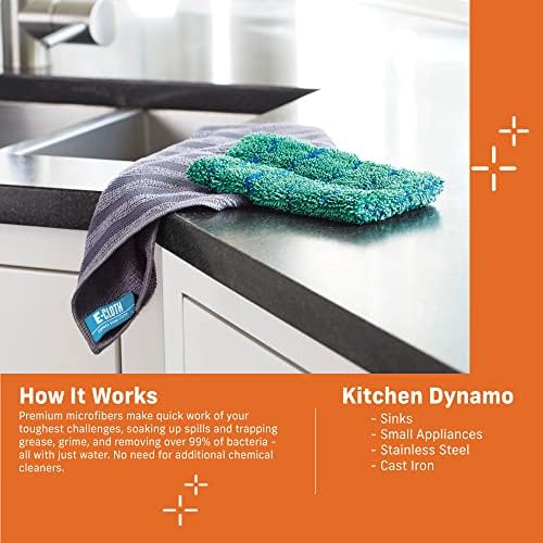 E-Cloth Kitchen Dynamo, Premium Microfiber Non-Scratch Kitchen Dish Scrubber Sponge, Ideal for Dish, Sink and Countertop Cleaning, 100 Wash Guarantee, Green, 4 Pack
