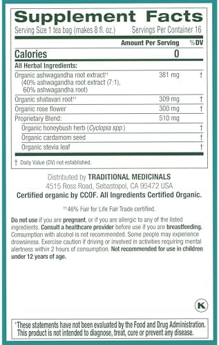 Traditional Medicinals Organic, Stress Ease Calm with Adaptogens, Ashwagandha & Honeybush - Promotes Relaxation - Kosher, Non-GMO, Caffeine-Free, Compostable - 16 Tea Bags