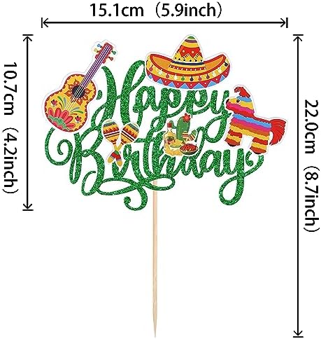 1 Pack Fiesta Happy Birthday Cake Topper Cactus Donkey Guitar Rackets Pepper Cake Pick for Mexican Fiesta Theme Baby Shower Birthday Party Cake Decorations Supplies Green